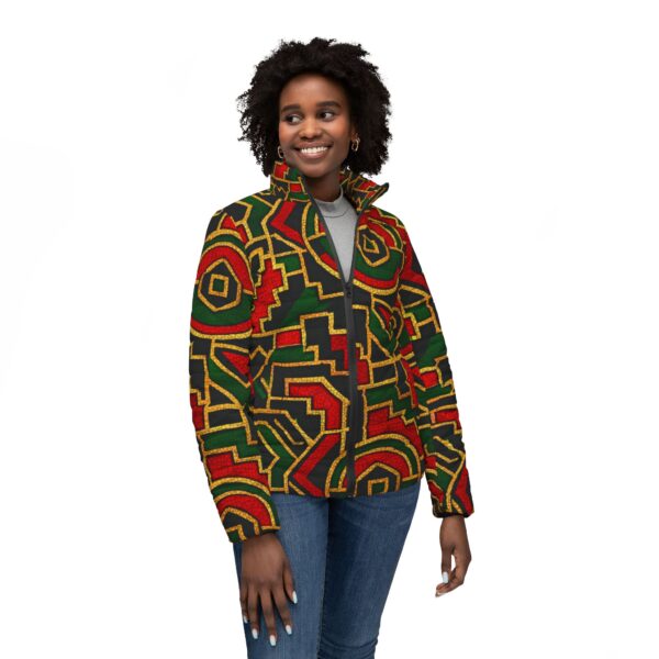 Geometric Afrocentric Puffer Jacket — Bold Red, Green & Gold Pattern